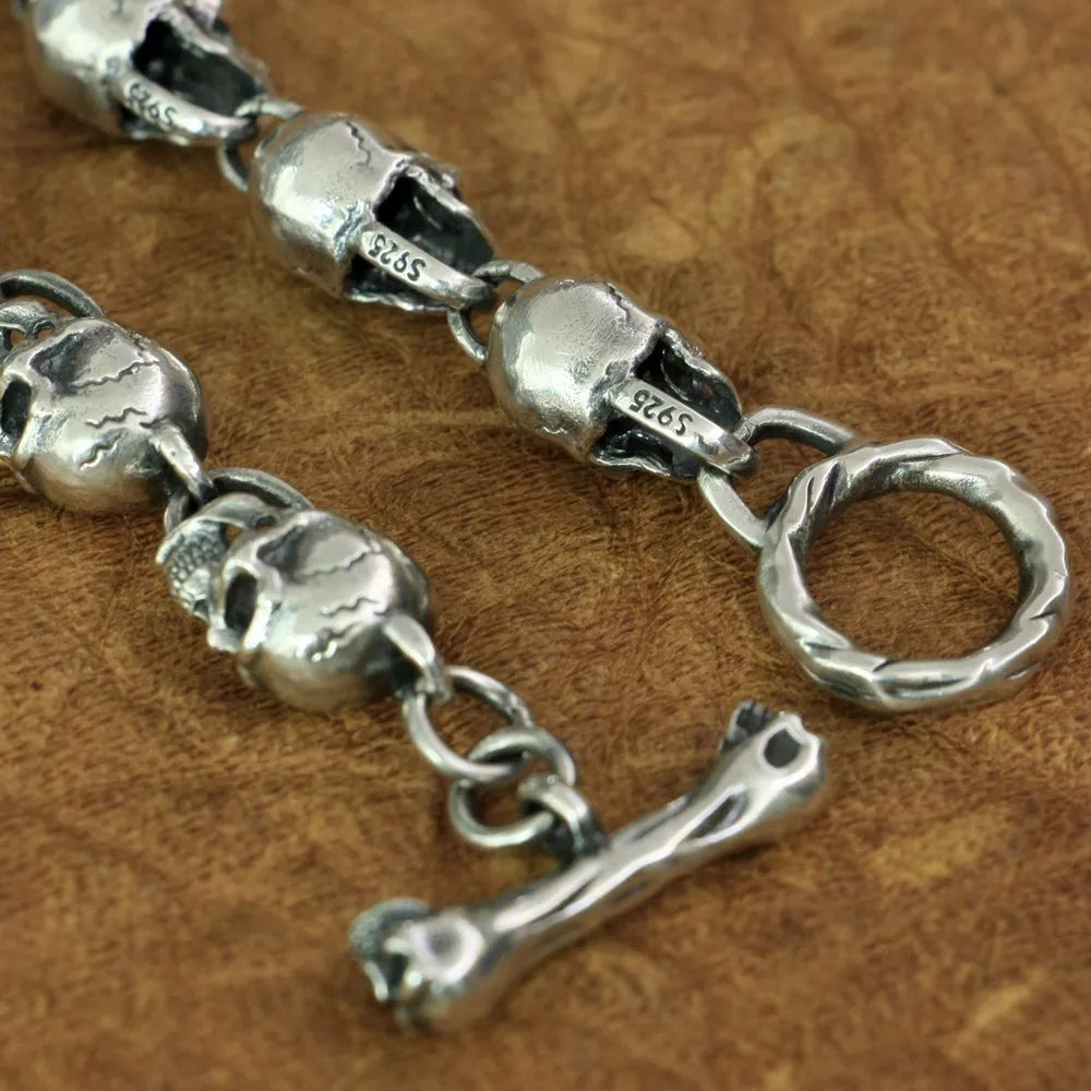 925 Sterling Silver Details Skulls Chain Mens Biker Rock Punk Bracelet