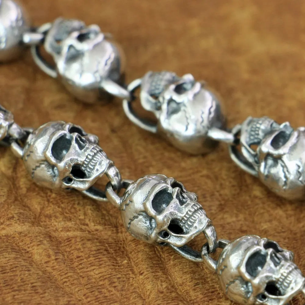 925 Sterling Silver Details Skulls Chain Mens Biker Rock Punk Bracelet