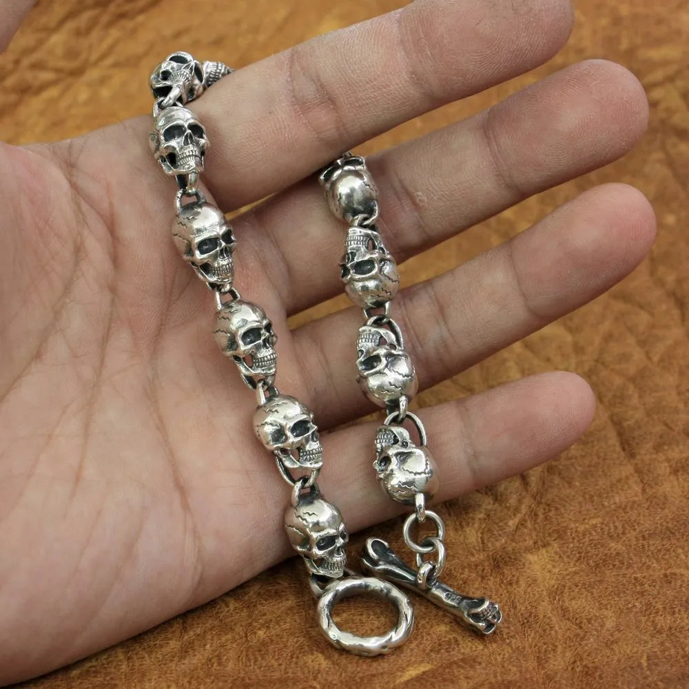 925 Sterling Silver Details Skulls Chain Mens Biker Rock Punk Bracelet