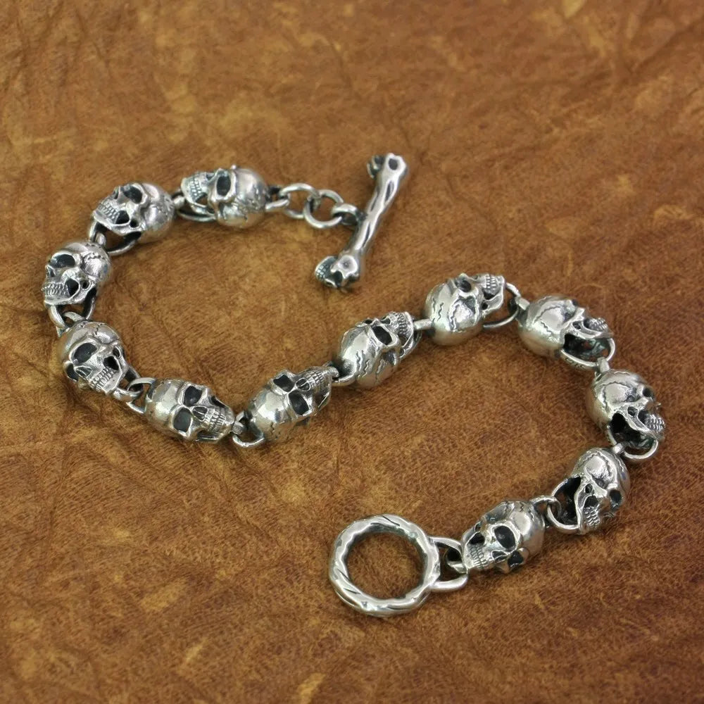 925 Sterling Silver Details Skulls Chain Mens Biker Rock Punk Bracelet