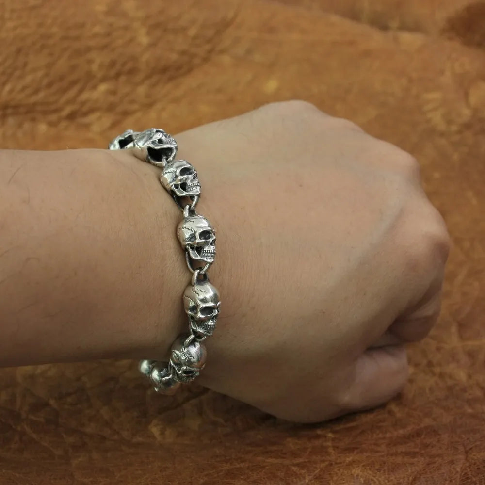 925 Sterling Silver Details Skulls Chain Mens Biker Rock Punk Bracelet