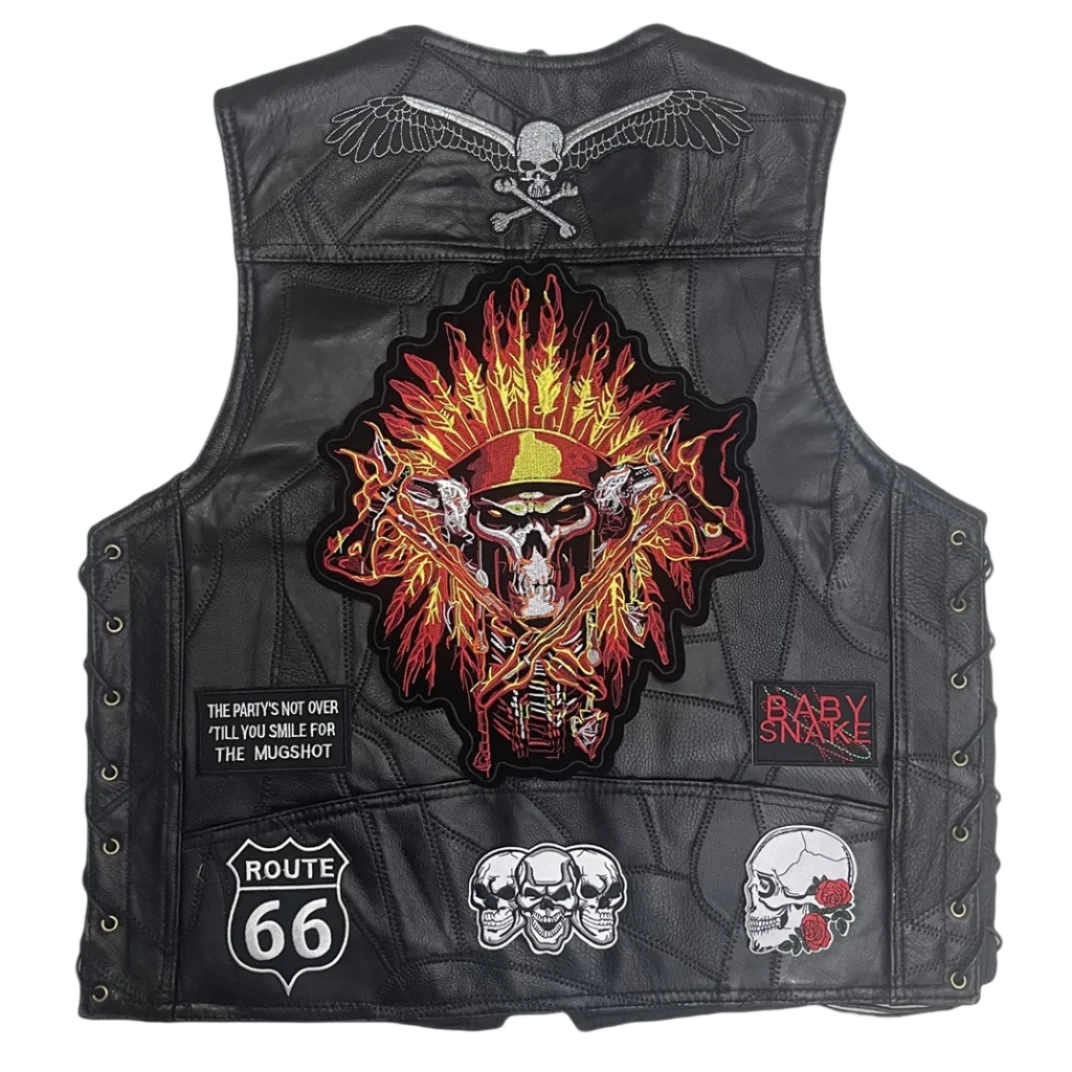 Men's Flaming Skull Biker Vest - Crossed Pistons Inferno Design