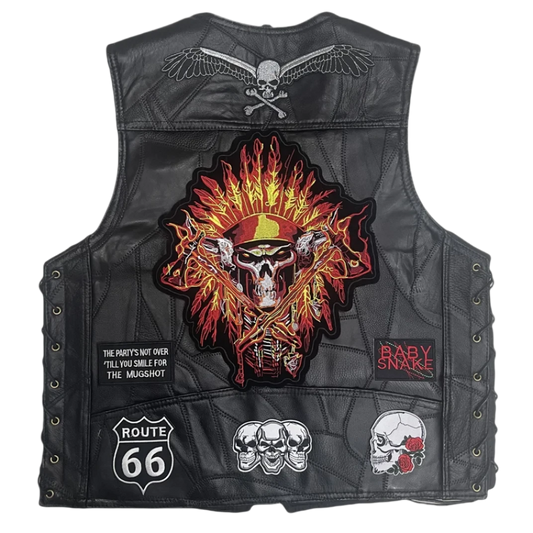 Men's Flaming Skull Biker Vest - Crossed Pistons Inferno Design