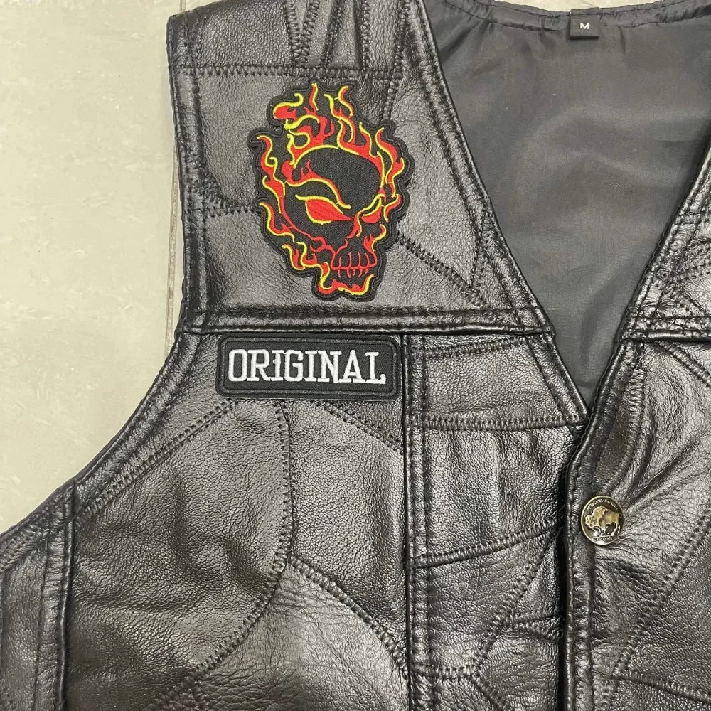 Men's Leather Sugar Skull Biker Vest - Day of the Dead Design