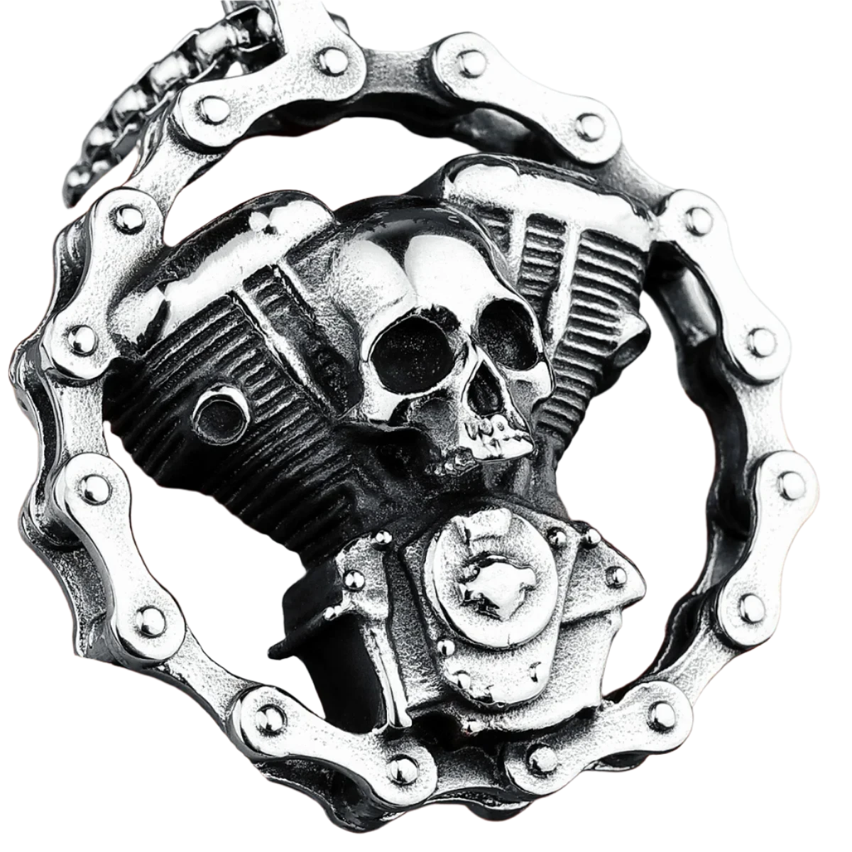 Retro Skull Engine Pendant – Stainless Steel Biker Necklace