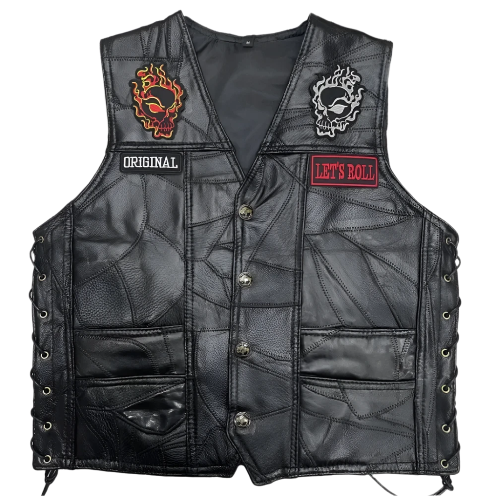 Men's Leather Sugar Skull Biker Vest - Day of the Dead Design