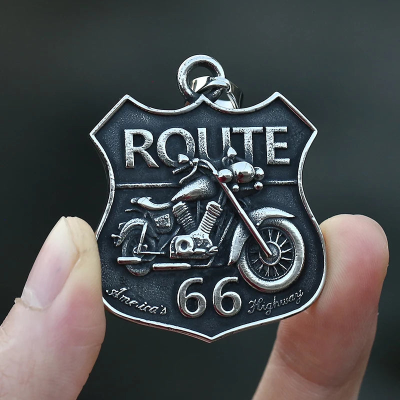 316L Stainless Steel Route 66 Biker Pendant Necklace - Vintage Skull & Motorcycle Design