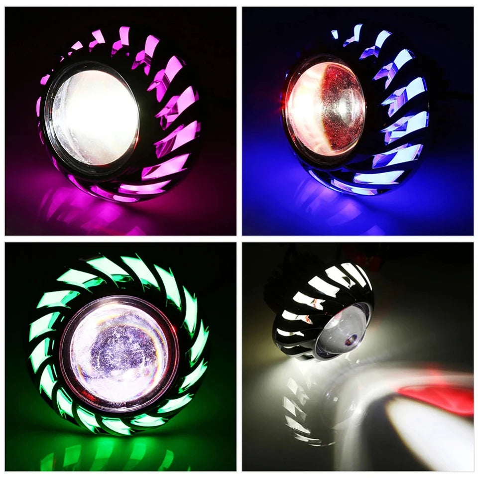 Universal Motorcycle LED Projector Headlight – Dual Halo Angel & Devil Eye Spot Light