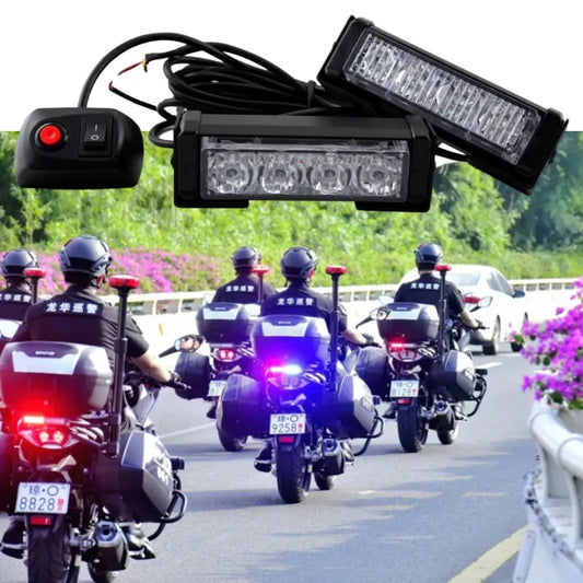 2-in-1 Universal Motorcycle LED Red/Blue Flashing Strobe Lights – Police Style Safety Warning Indicators