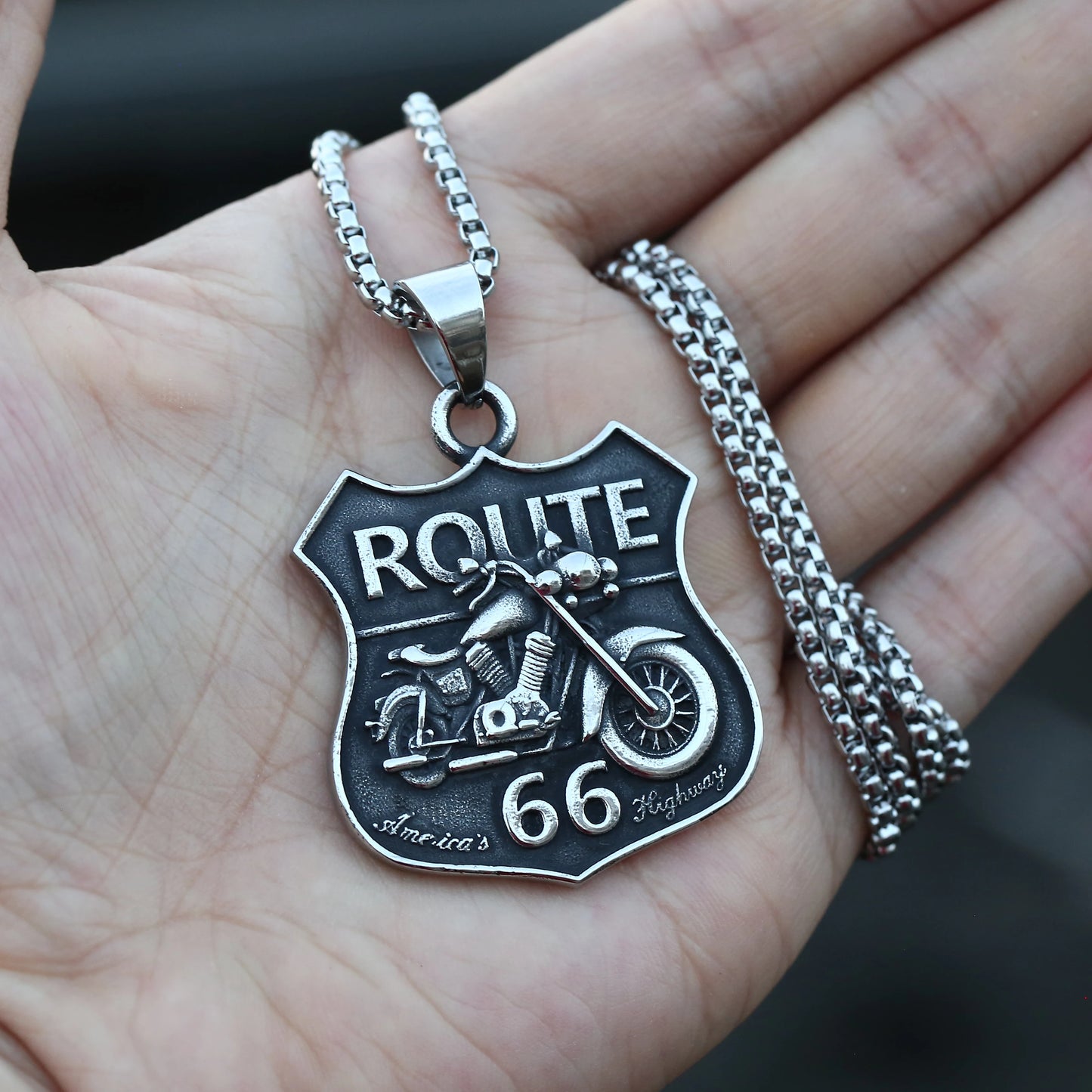 316L Stainless Steel Route 66 Biker Pendant Necklace - Vintage Skull & Motorcycle Design