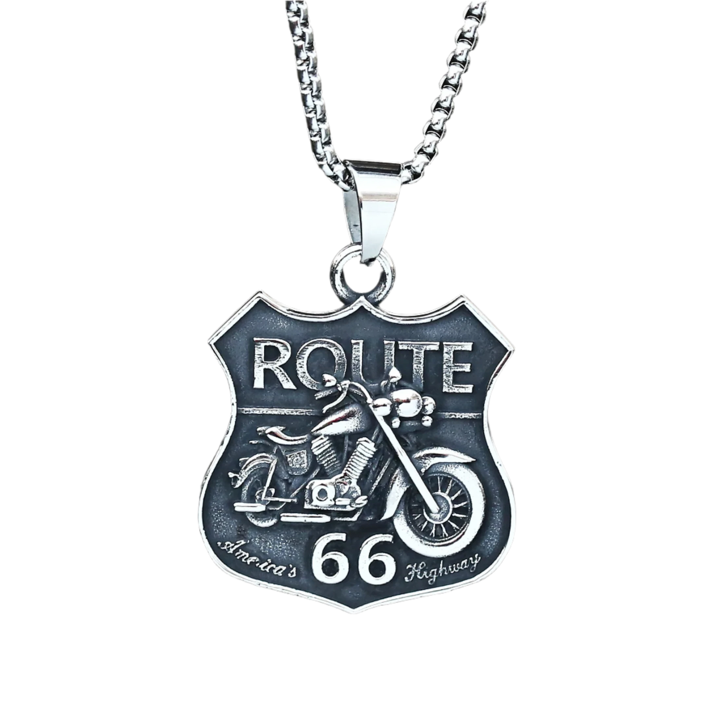 316L Stainless Steel Route 66 Biker Pendant Necklace - Vintage Skull & Motorcycle Design