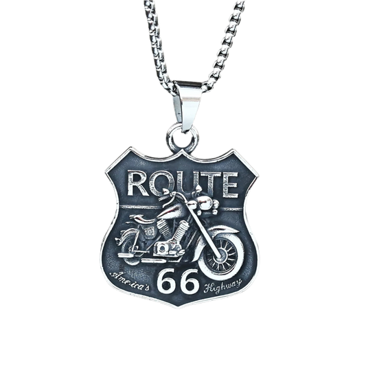 316L Stainless Steel Route 66 Biker Pendant Necklace - Vintage Skull & Motorcycle Design