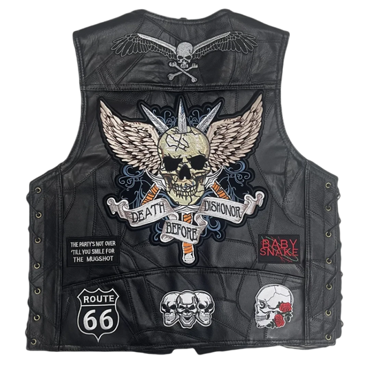 Men's Leather Winged Skull Biker Vest - 'Death Before Dishonor' Design