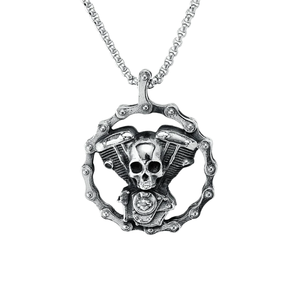 Retro Skull Engine Pendant – Stainless Steel Biker Necklace