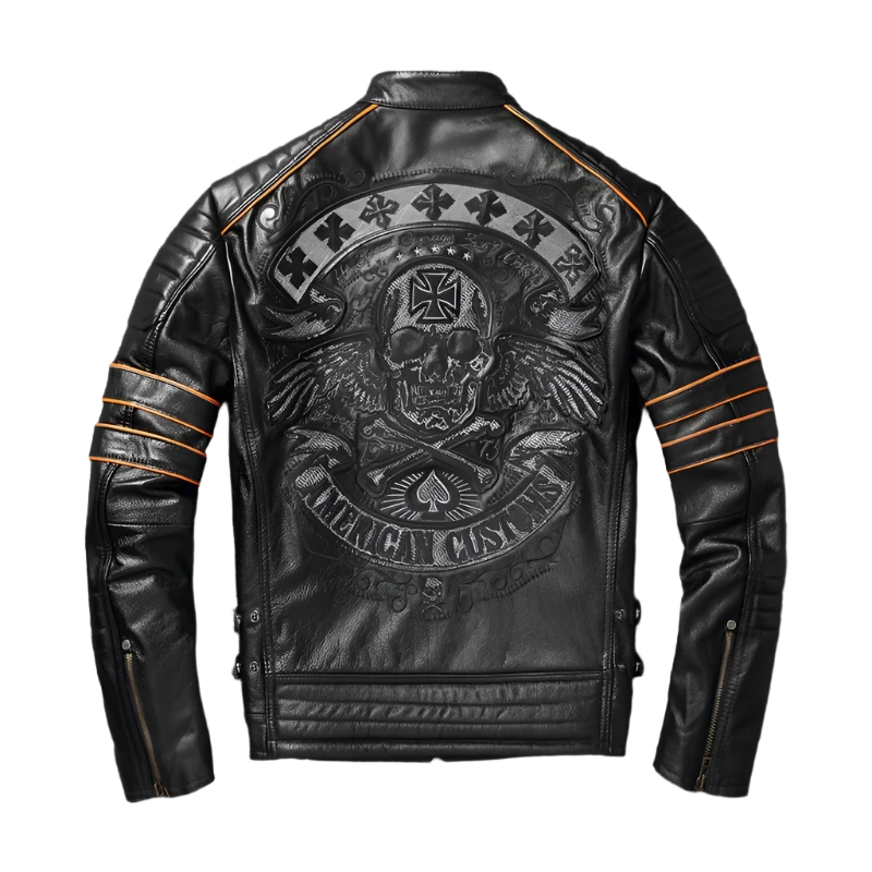 Men's Genuine Leather Vintage Skull Embroidery Cowhide Jacket