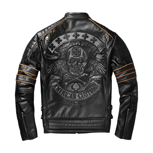 Men's Genuine Leather Vintage Skull Embroidery Cowhide Jacket