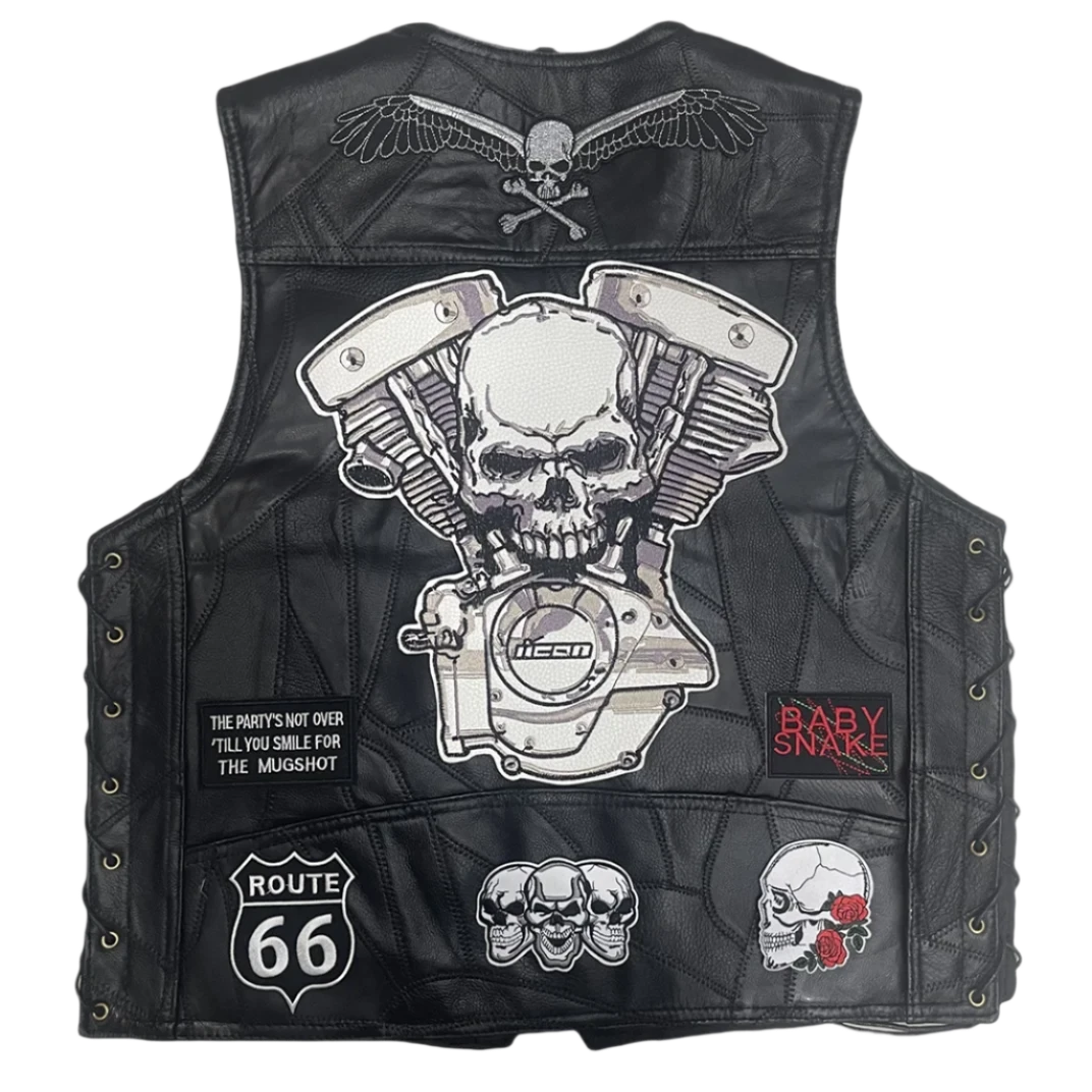 Men's Leather Skull Engine Biker Vest - Route 66 and V-Twin Power Design