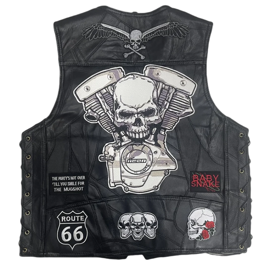 Men's Leather Skull Engine Biker Vest - Route 66 and V-Twin Power Design