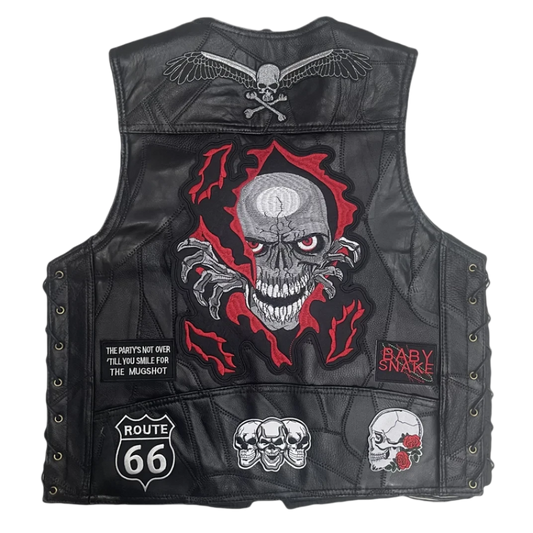 Men's Leather Skull Biker Vest - Fierce Flame and Route 66 Design