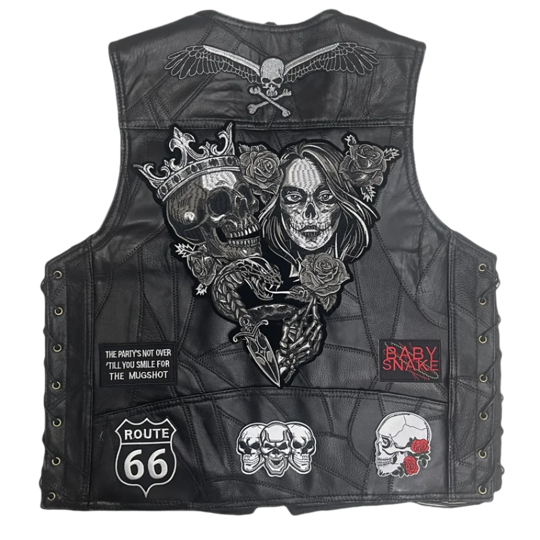 Men's Skull & Roses Leather Biker Vest - Crowned Skull & Serpent Design