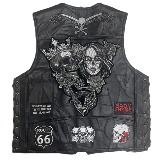 Men's Skull & Roses Leather Biker Vest - Crowned Skull & Serpent Design