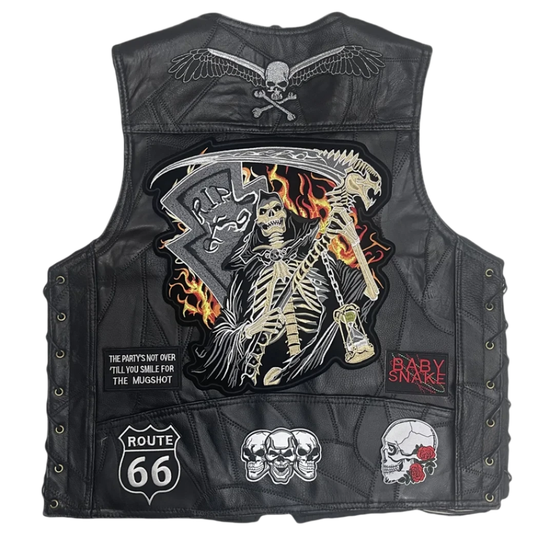 Men's Grim Reaper Leather Biker Vest - Flaming Scythe & Tombstone Design