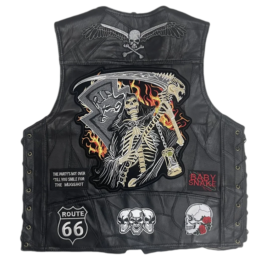 Men's Grim Reaper Leather Biker Vest - Flaming Scythe & Tombstone Design