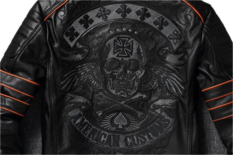 Men's Genuine Leather Vintage Skull Embroidery Cowhide Jacket